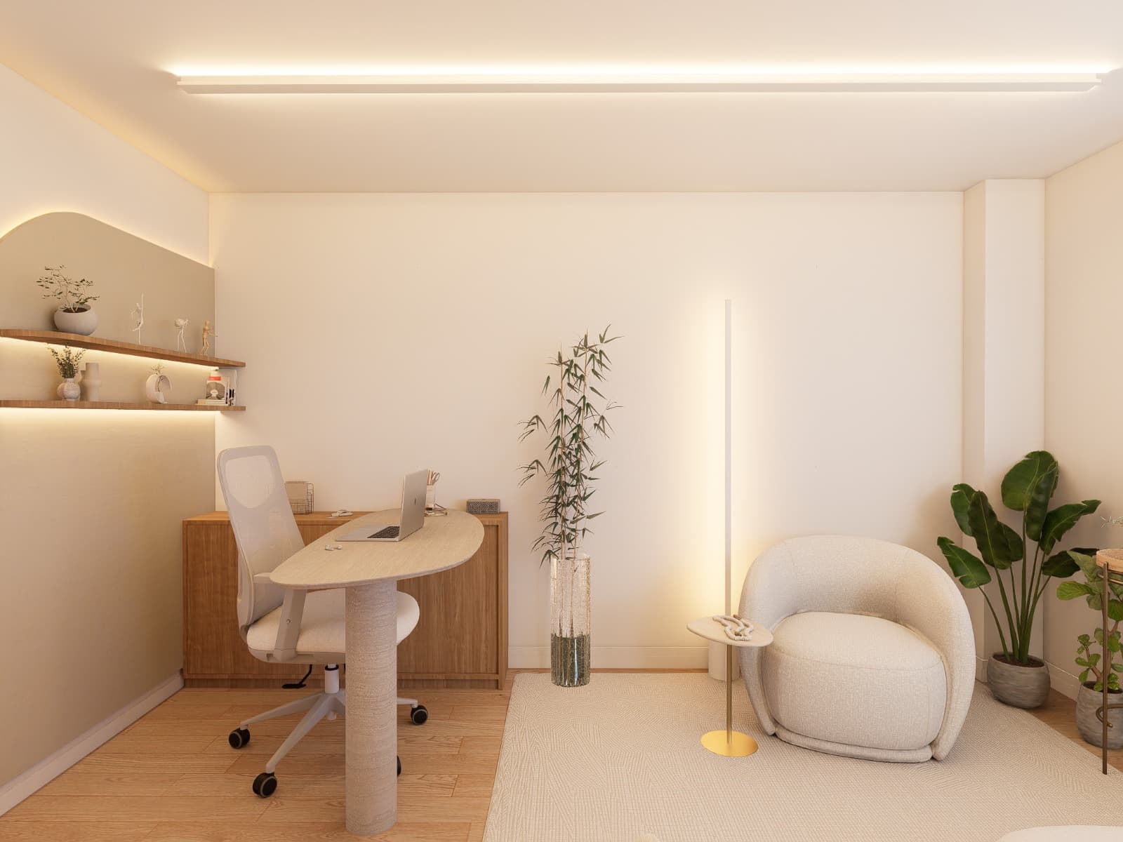 Suíte com closet ripado e integração com espaço de trabalho aconchegante