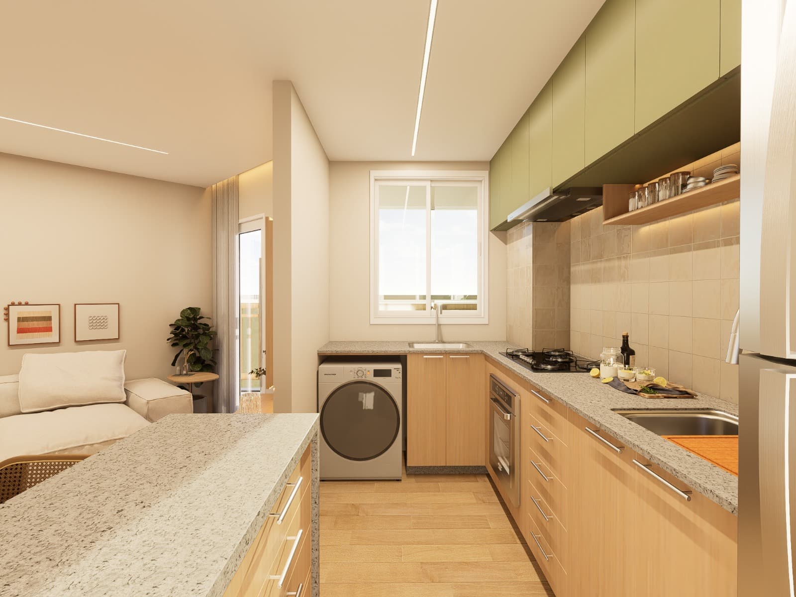 Apartamento compacto com integração entre cozinha e estar